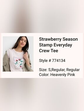 LOFT Light Pink Strawberry Graphic Short Sleeve Tee, size Small, NWT